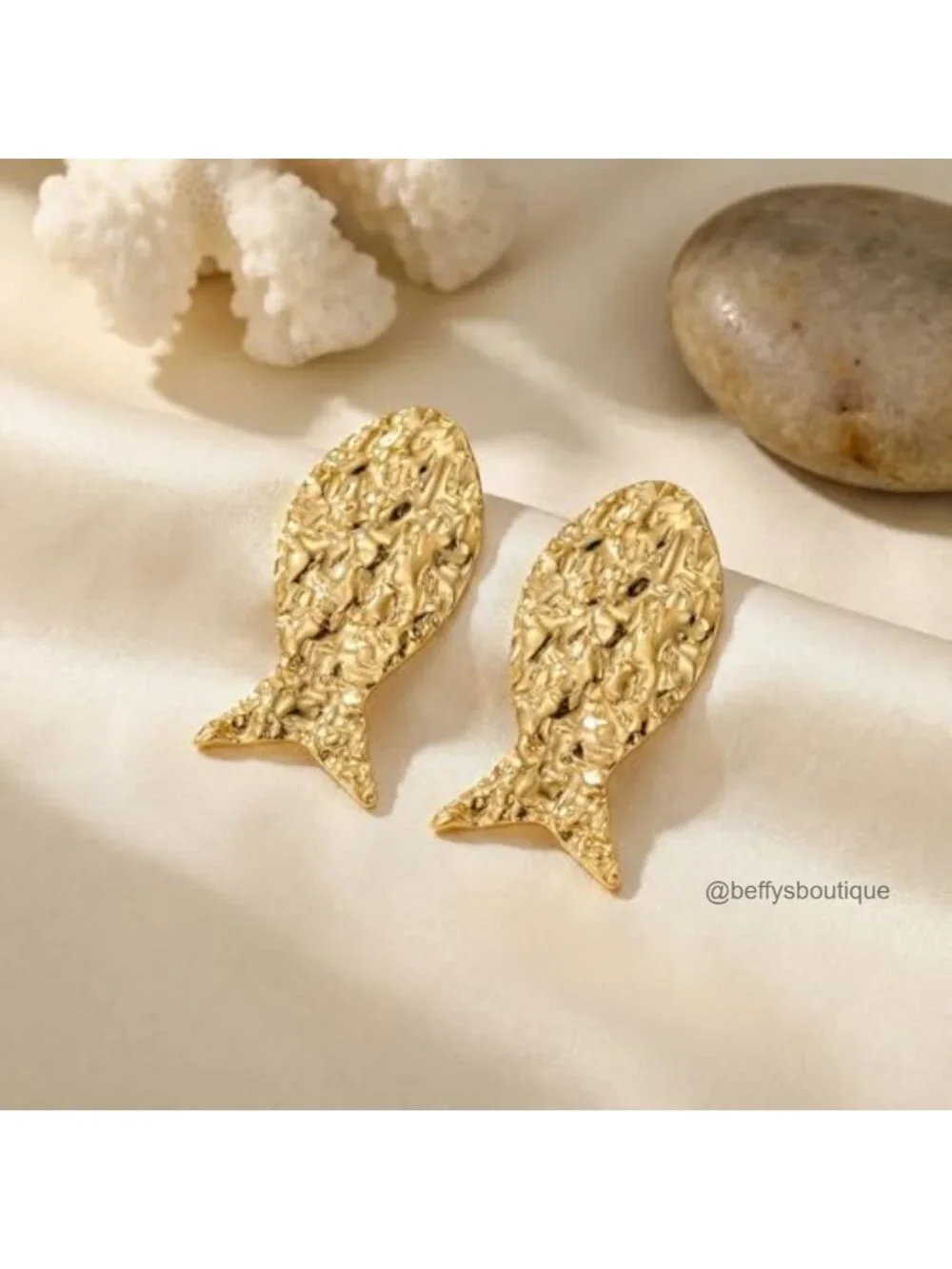 Hammered Chunky Fish Earrings Stainless Steel Statement